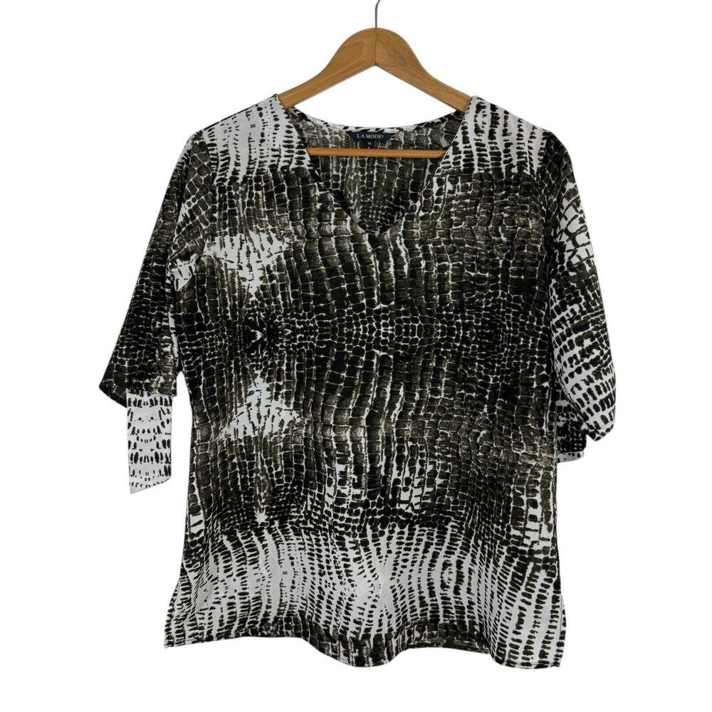 La Mode Women’s Size Large Gray Printed V Neck Slit Sleeve Lightweight Top